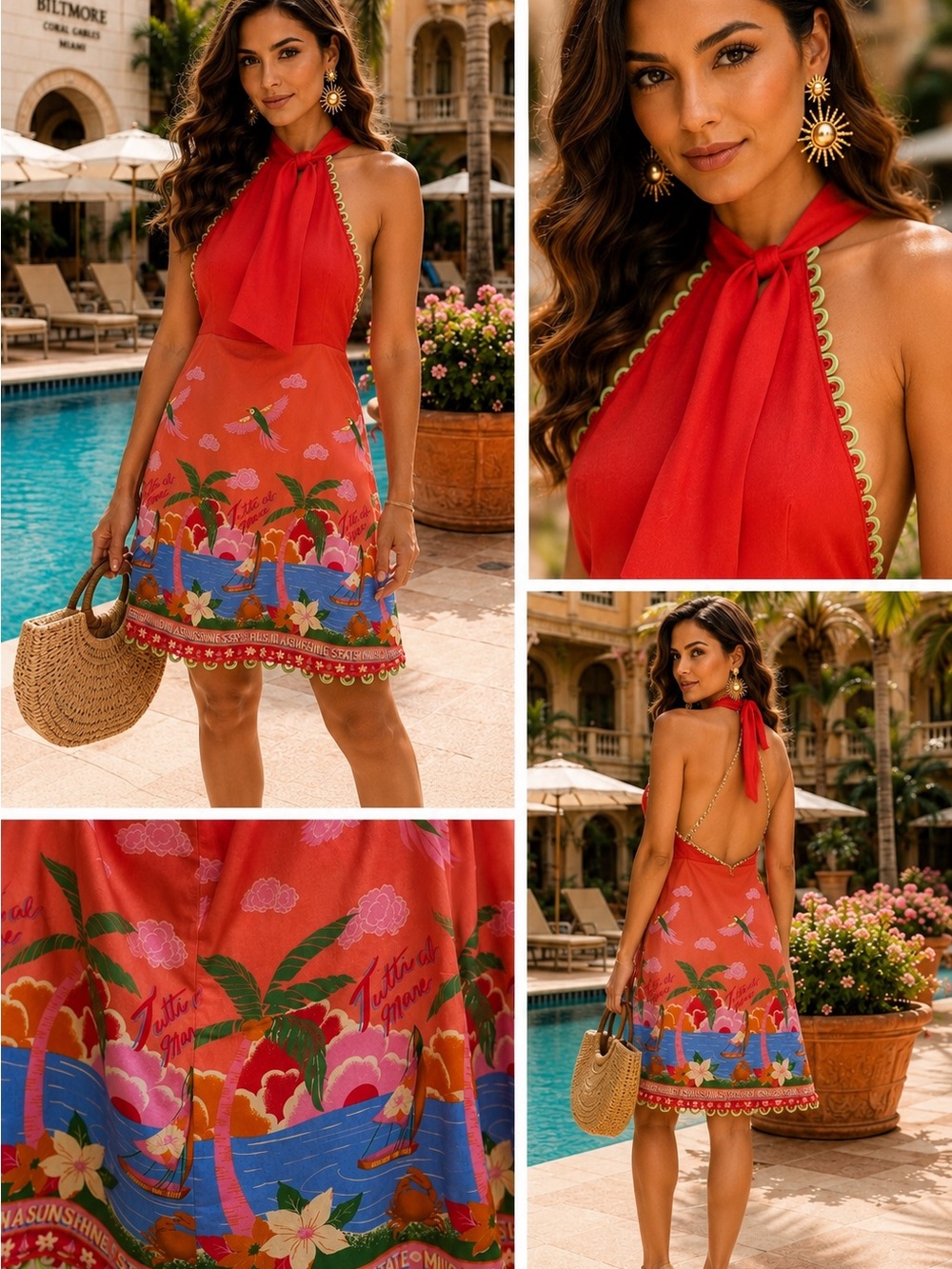 Red Halter Mini Dress with Tropical Print